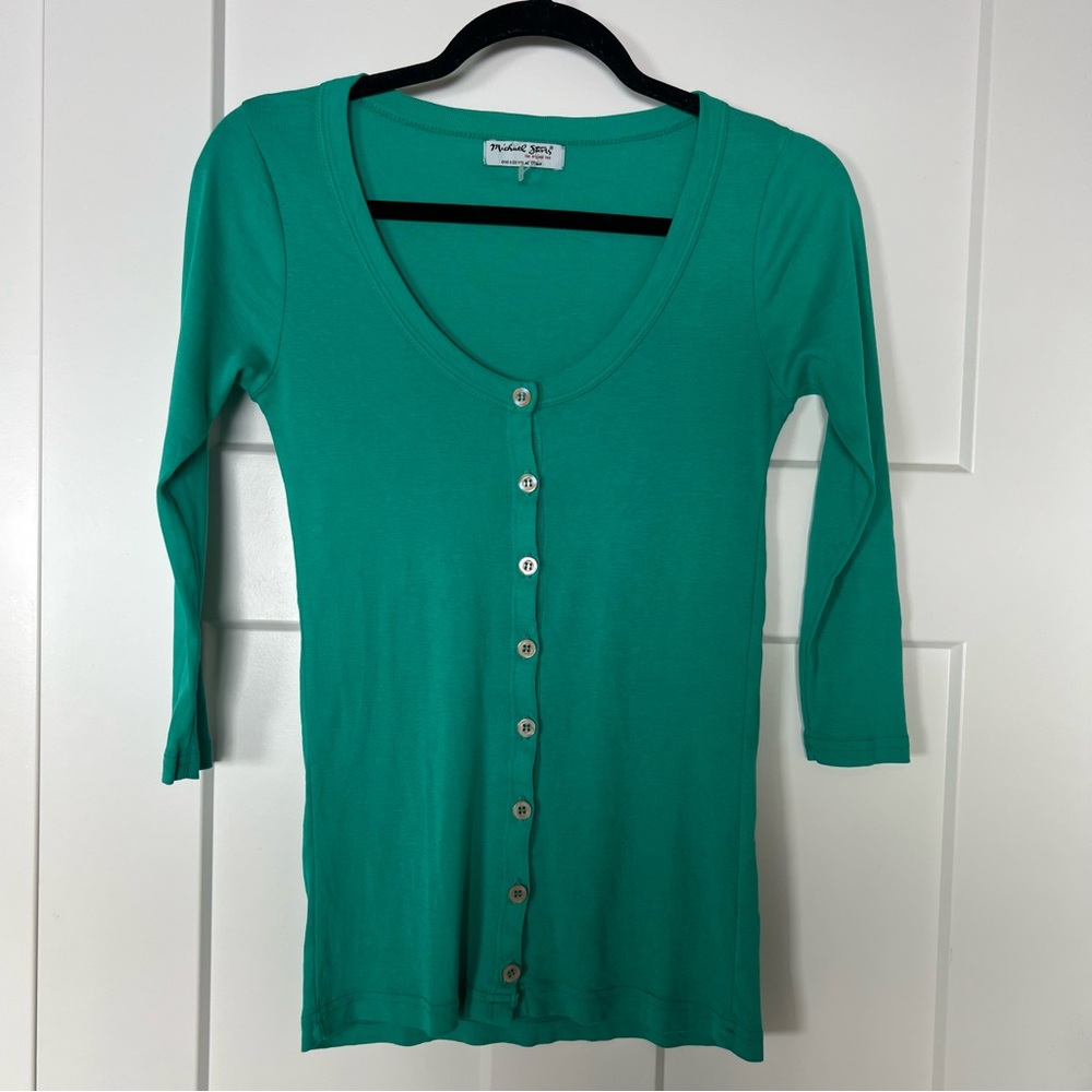 Michael Stars Green Supima Cotton 3/4 Sleeve Button Shirt OS